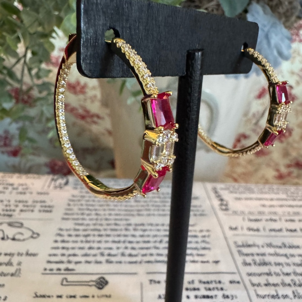 Stainless Steel Gold Hoop Earrings with Red Gem Accents - Picture 2 of 4